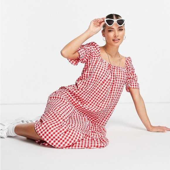 ASOS DESIGN tiered maxi smock dress in red gingham - Picture 3 of 8